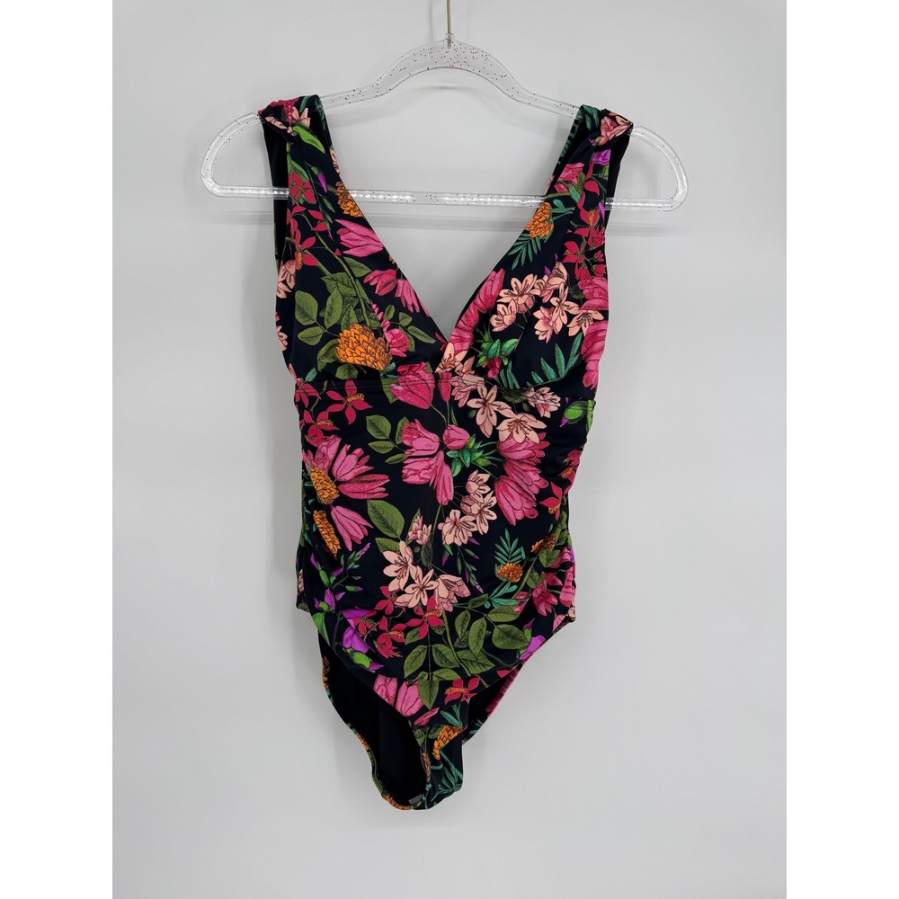 Time And Tru Slimming Silhouette One Piece Swimsuit Black Pink Tropical Sz M